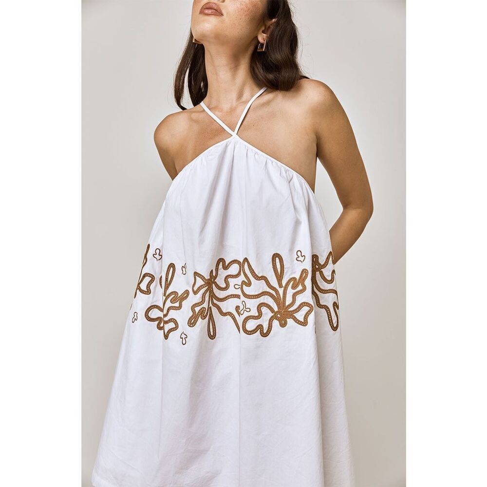 White and Brown Halter Mini Dress